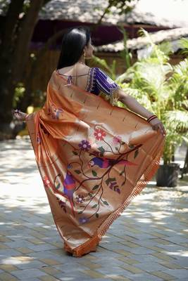 Orange paithani silk blend saree with floral & peacock motifs 2