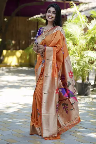 Orange paithani silk blend saree with floral & peacock motifs