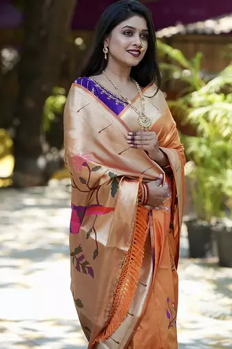 Orange paithani silk blend saree with floral & peacock motifs
