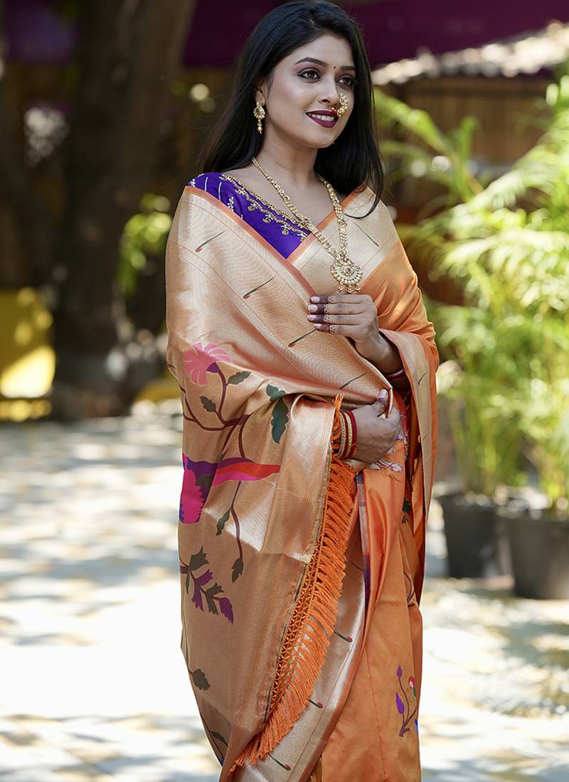 Orange paithani silk blend saree with floral & peacock motifs