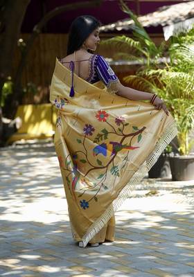 Cream paithani silk blend saree with floral & peacock motifs 2