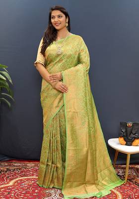 light parrot green & gold woven banarasi silk blend saree with rich zari border 1