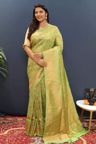 light parrot green & gold woven banarasi silk blend saree with rich zari border