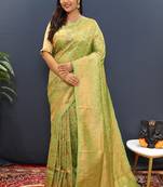 light parrot green & gold woven banarasi silk blend saree with rich zari border