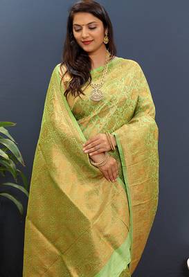 light parrot green & gold woven banarasi silk blend saree with rich zari border 2