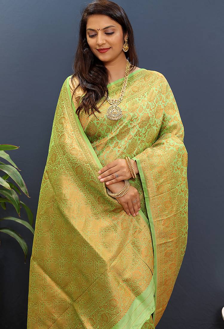 light parrot green & gold woven banarasi silk blend saree with rich zari border