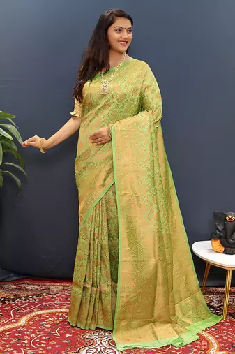light parrot green & gold woven banarasi silk blend saree with rich zari border