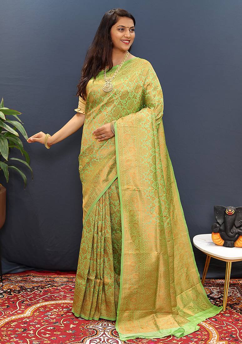 light parrot green & gold woven banarasi silk blend saree with rich zari border