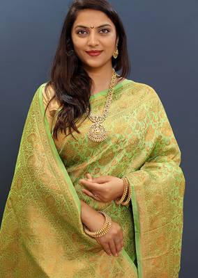 light parrot green & gold woven banarasi silk blend saree with rich zari border 4