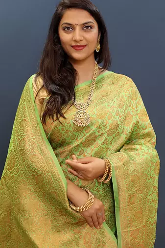 light parrot green & gold woven banarasi silk blend saree with rich zari border