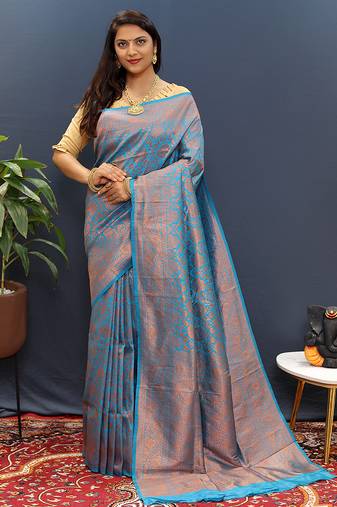 sky blue & gold woven banarasi silk blend saree with rich zari border