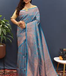 sky blue & gold woven banarasi silk blend saree with rich zari border