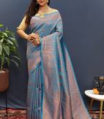 sky blue & gold woven banarasi silk blend saree with rich zari border