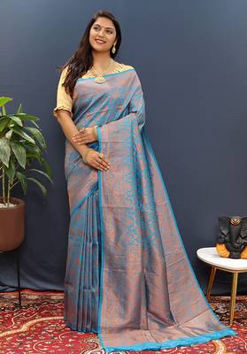 sky blue & gold woven banarasi silk blend saree with rich zari border 2