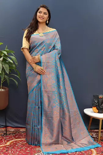 sky blue & gold woven banarasi silk blend saree with rich zari border