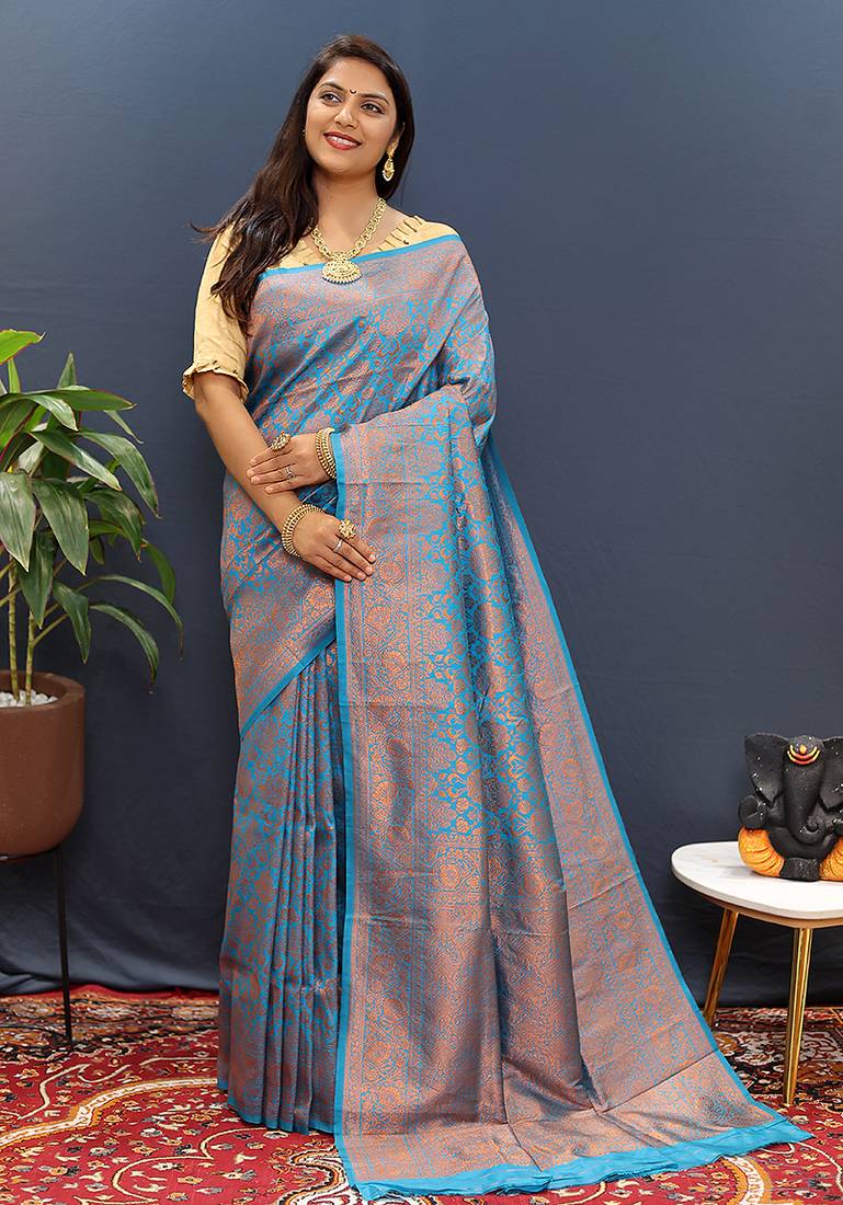 sky blue & gold woven banarasi silk blend saree with rich zari border