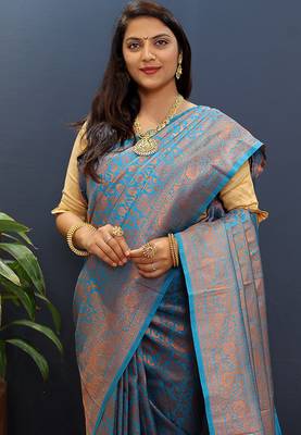 sky blue & gold woven banarasi silk blend saree with rich zari border 3