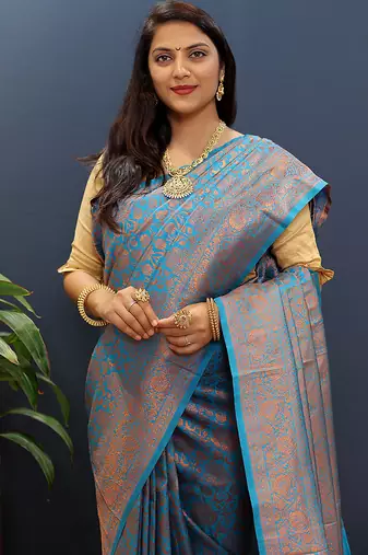 sky blue & gold woven banarasi silk blend saree with rich zari border