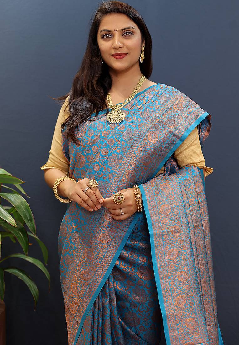 sky blue & gold woven banarasi silk blend saree with rich zari border