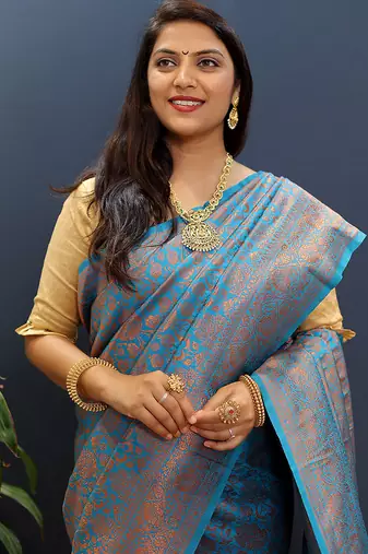 sky blue & gold woven banarasi silk blend saree with rich zari border