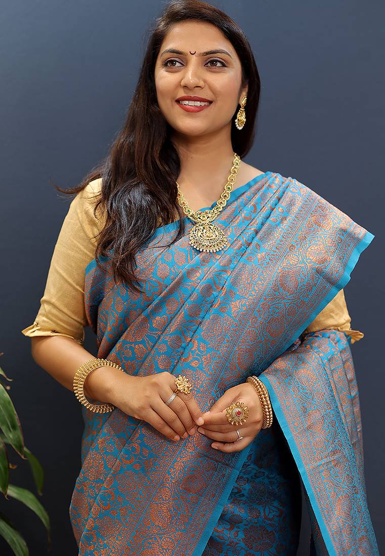 sky blue & gold woven banarasi silk blend saree with rich zari border