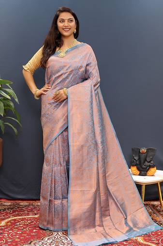 light blue & gold woven banarasi silk blend saree with rich zari border