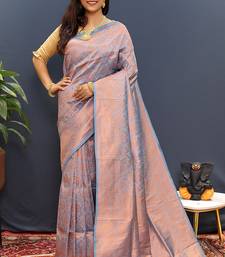 light blue & gold woven banarasi silk blend saree with rich zari border