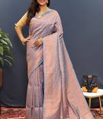 light blue & gold woven banarasi silk blend saree with rich zari border