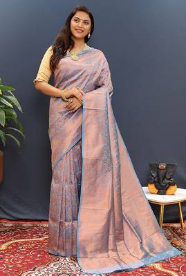light blue & gold woven banarasi silk blend saree with rich zari border 2