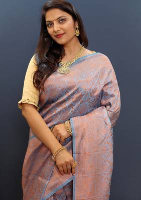 light blue & gold woven banarasi silk blend saree with rich zari border 3