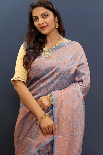 light blue & gold woven banarasi silk blend saree with rich zari border