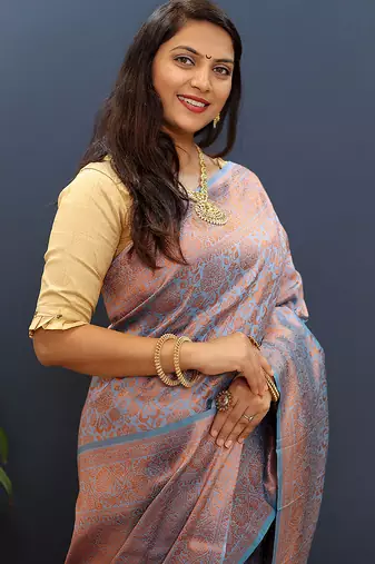 light blue & gold woven banarasi silk blend saree with rich zari border