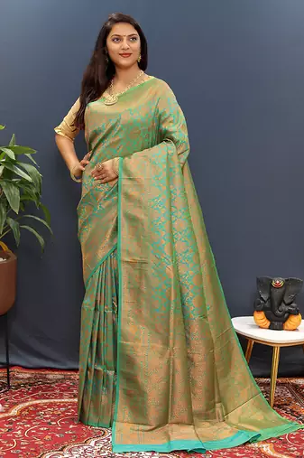 sea green & gold woven banarasi silk blend saree with rich zari border