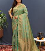 sea green & gold woven banarasi silk blend saree with rich zari border