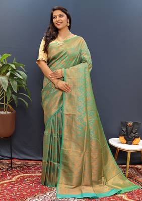 sea green & gold woven banarasi silk blend saree with rich zari border 2