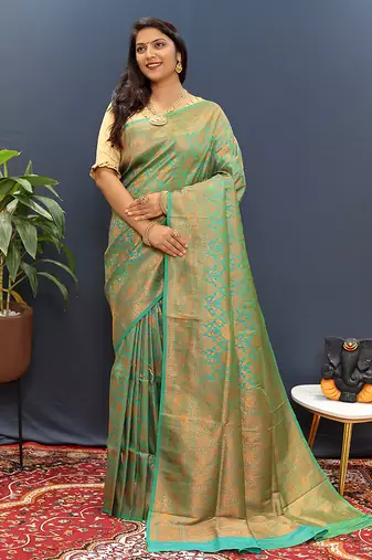 sea green & gold woven banarasi silk blend saree with rich zari border