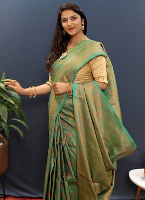 sea green & gold woven banarasi silk blend saree with rich zari border 3