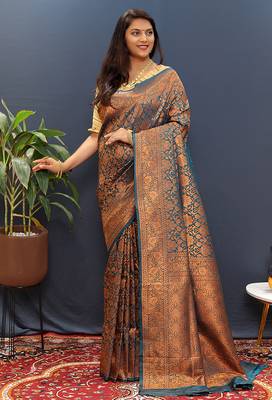 teal blue & gold woven banarasi silk blend saree with rich zari border 1