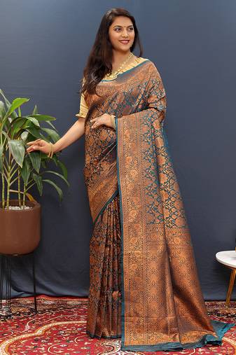 teal blue & gold woven banarasi silk blend saree with rich zari border