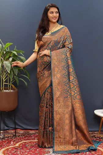 teal blue & gold woven banarasi silk blend saree with rich zari border
