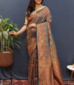 teal blue & gold woven banarasi silk blend saree with rich zari border