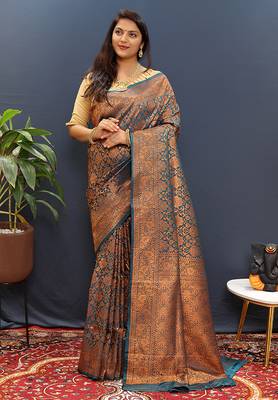 teal blue & gold woven banarasi silk blend saree with rich zari border 2