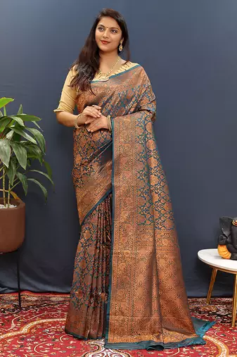 teal blue & gold woven banarasi silk blend saree with rich zari border