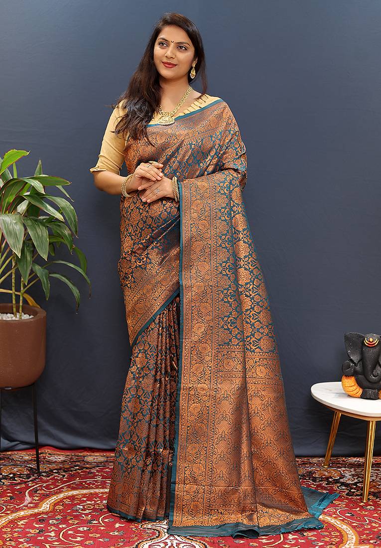 teal blue & gold woven banarasi silk blend saree with rich zari border