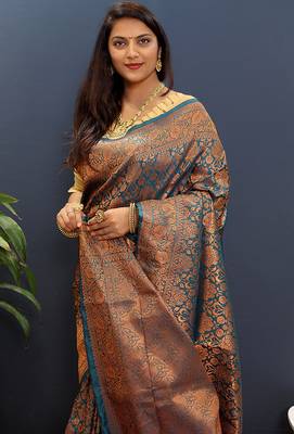 teal blue & gold woven banarasi silk blend saree with rich zari border 3
