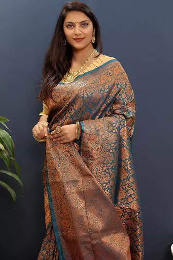 teal blue & gold woven banarasi silk blend saree with rich zari border