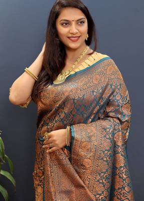 teal blue & gold woven banarasi silk blend saree with rich zari border 4