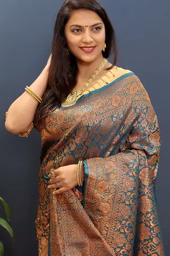 teal blue & gold woven banarasi silk blend saree with rich zari border