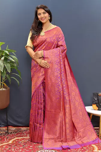 magenta & gold woven banarasi silk blend saree with rich zari border