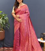 magenta & gold woven banarasi silk blend saree with rich zari border
